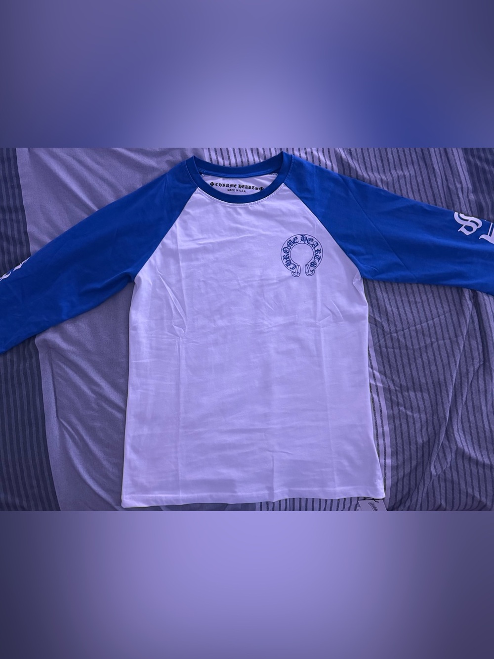 Chrome Hearts White and Blue Raglan Short Sleeve Tee